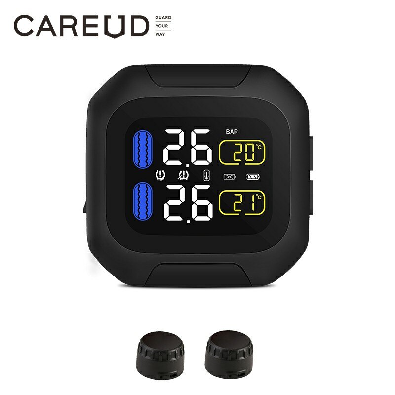 Careud Original Wireless Motorcycle TPMS Tire Pressure Monitoring System Motor Tyre LCD Display Internal/External TH/WI Sensors: M3-WI-black