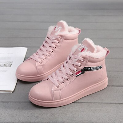 Winterlaarzen dames enkellaarsjes warme pu pluche winter damesschoenen sneakers flats veter damesschoenen dames korte sneeuwlaarzen: Roze / 38