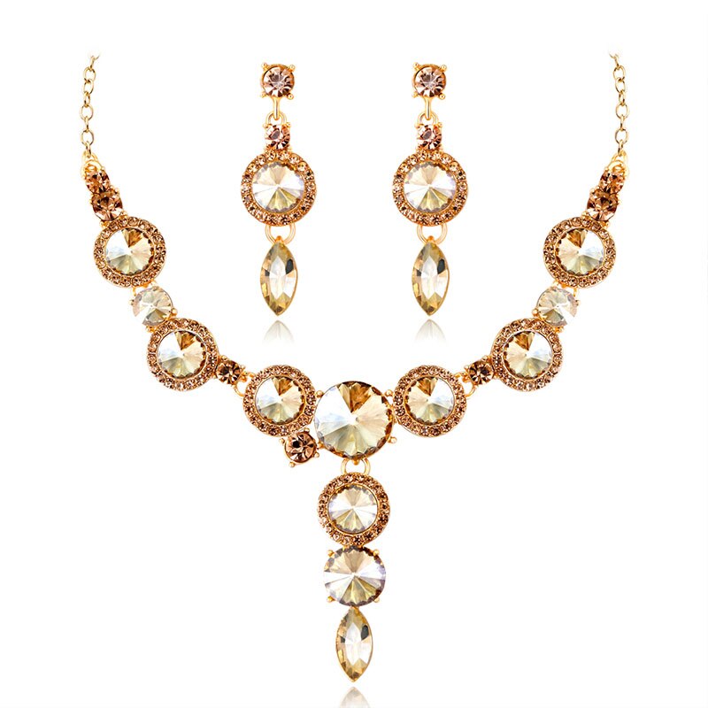 FARLENA Multicolor Ronde Crystal Ketting Oorbellen voor Vrouwen Bruiloft Accessoire Mode Strass Bruids Sieraden sets: browm