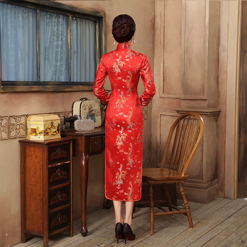 Chino rojo novia boda Qipao vestido femenino Sexy mujeres largo de satén manga Cheongsam estilo chino dragón vestidos de Phoenix