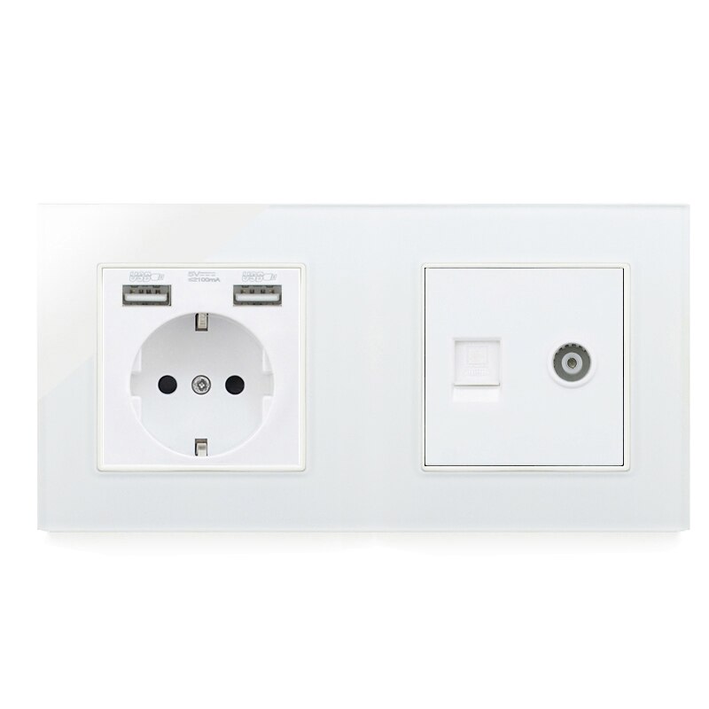 Atlectric de eu stik vægstik dobbelt usb , rj45,  tv port dobbelt stik stik stikkontakt glas panel led indikator: 1 stikkontakt  rj45 med tv