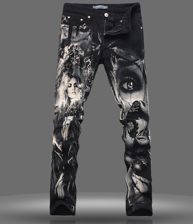Menns skjønnhetsprintede jeans menn mager 3d mønster farget tegning paiting høy tøye ut denim bukser nattklubber sangere bukser: 30