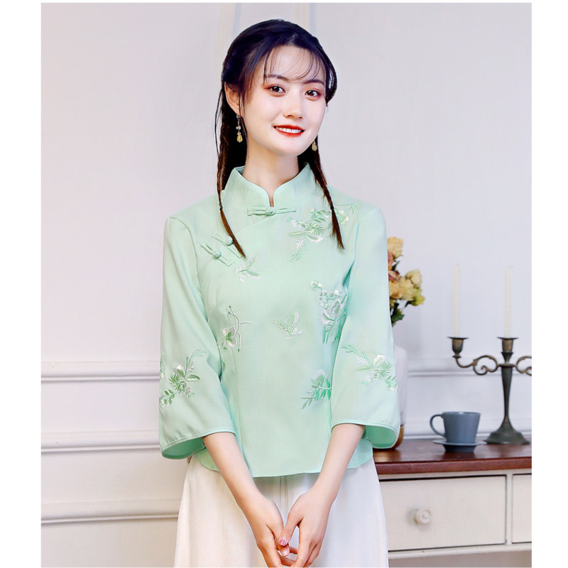Retro koszula wyszywana w stylu chińskim kobiety lato nowy Hanfu chiny Top Cheongsam tradycyjny strój Tang bluzki Femme 2022: Green / XXXL