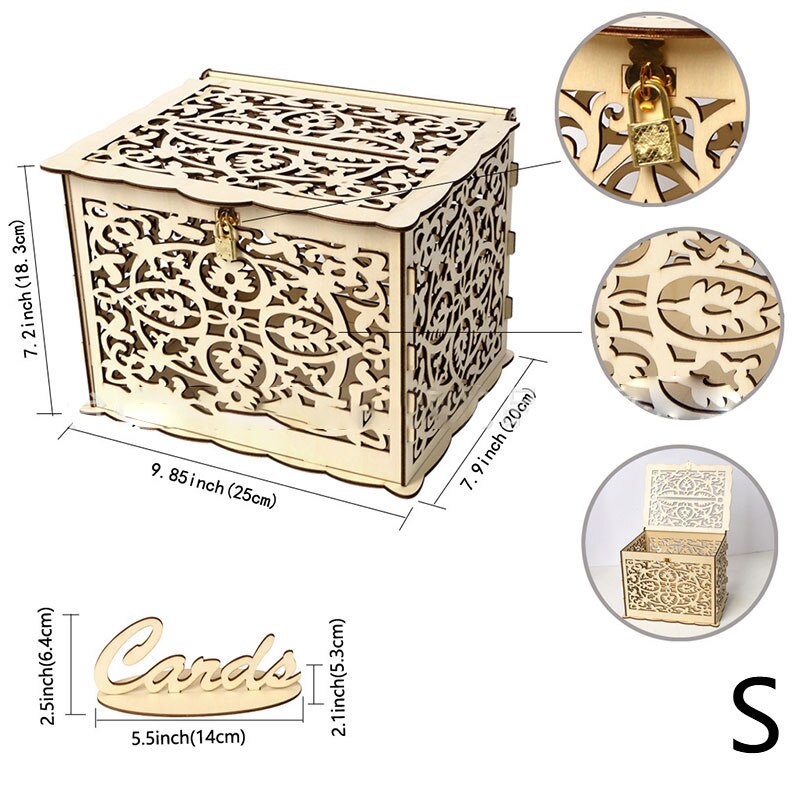 1PC Wedding Card Boxes Wooden Box Wedding Supplies DIY Couple Flower Pattern Grid Business Card Wooden Box S/L: S