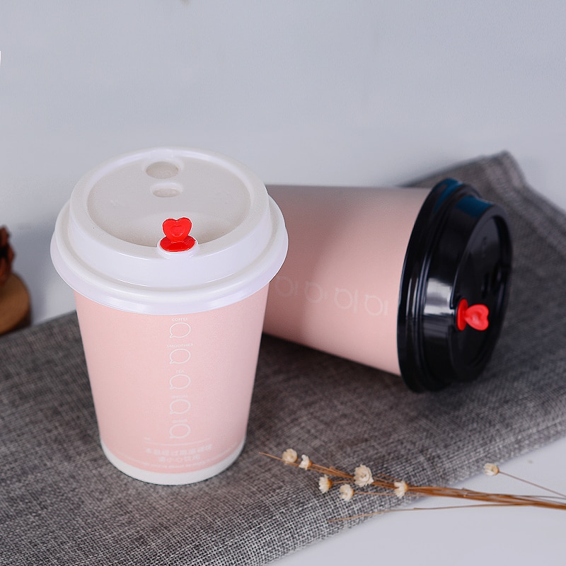 50pcs Pink disposable coffee cup drink milk tea thick paper cups with lids commercial household anti-scalding packaging cups