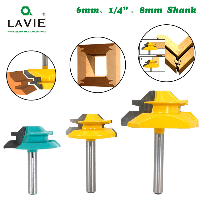 LAVIE 1Pc 1/4" Shank 6.35MM 8MM 45 Degree Lock Miter Router Bit Tenon Milling Cutter Woodworking Tool For Wood Tools MC01 MC