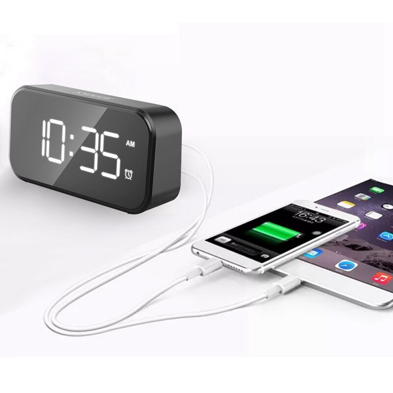 Simple Style 5 Inch Full LED Mirror Sn Digital Alarm Clock Black and White Clocks USB Charging Cable