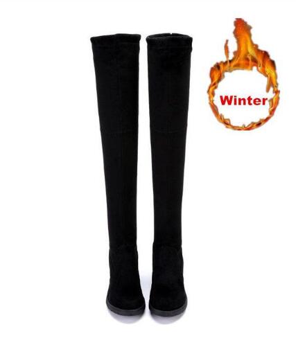 Kvinnor stövlar höst vinter dam platt botten stövlar skor över knä låret höga mocka långa stövlar 35-41: Svart vinter / 36