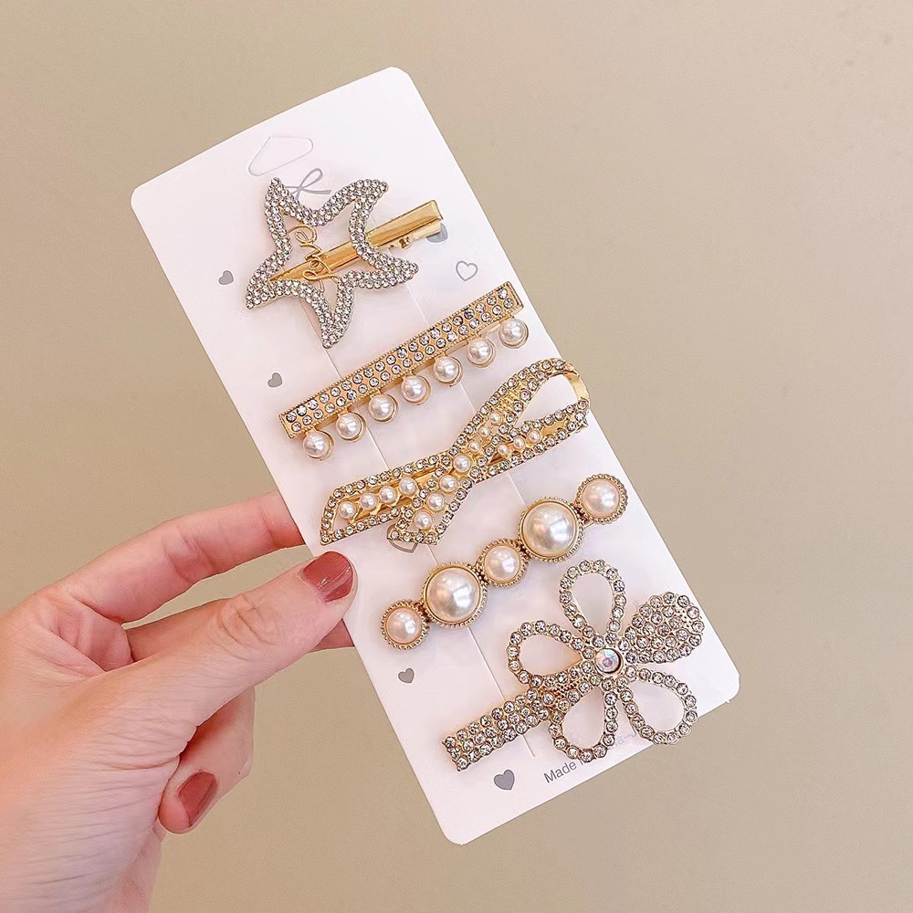 Horquilla de perlas de diamantes de imitación para niña, pasadores laterales de flores brillantes, Clips para el cabello de corazón, accesorios bonitos, 4 piezas: Gris claro