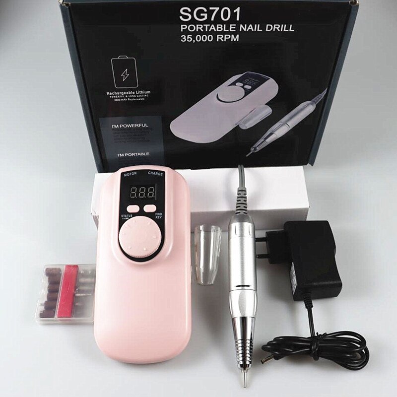 Portable Rechargeable Nail Drill Machine 35000RPM Manicure Machine Electric Nail File Nail Art Tools Set for Nail Drill bit: 701 pink