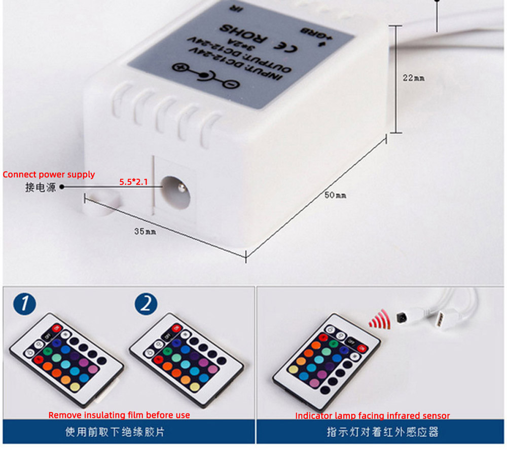 24 Keys Wireless RGB LED Light Controller Ir Remote 12V Dimmer for LED Strip Connector