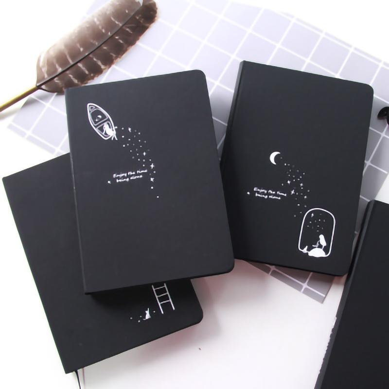 Tout noir bloc-notes papier blanc Page intérieure cahier 96 feuilles 32k 128*186mm Album étoilé fille Style carnet de croquis papeterie