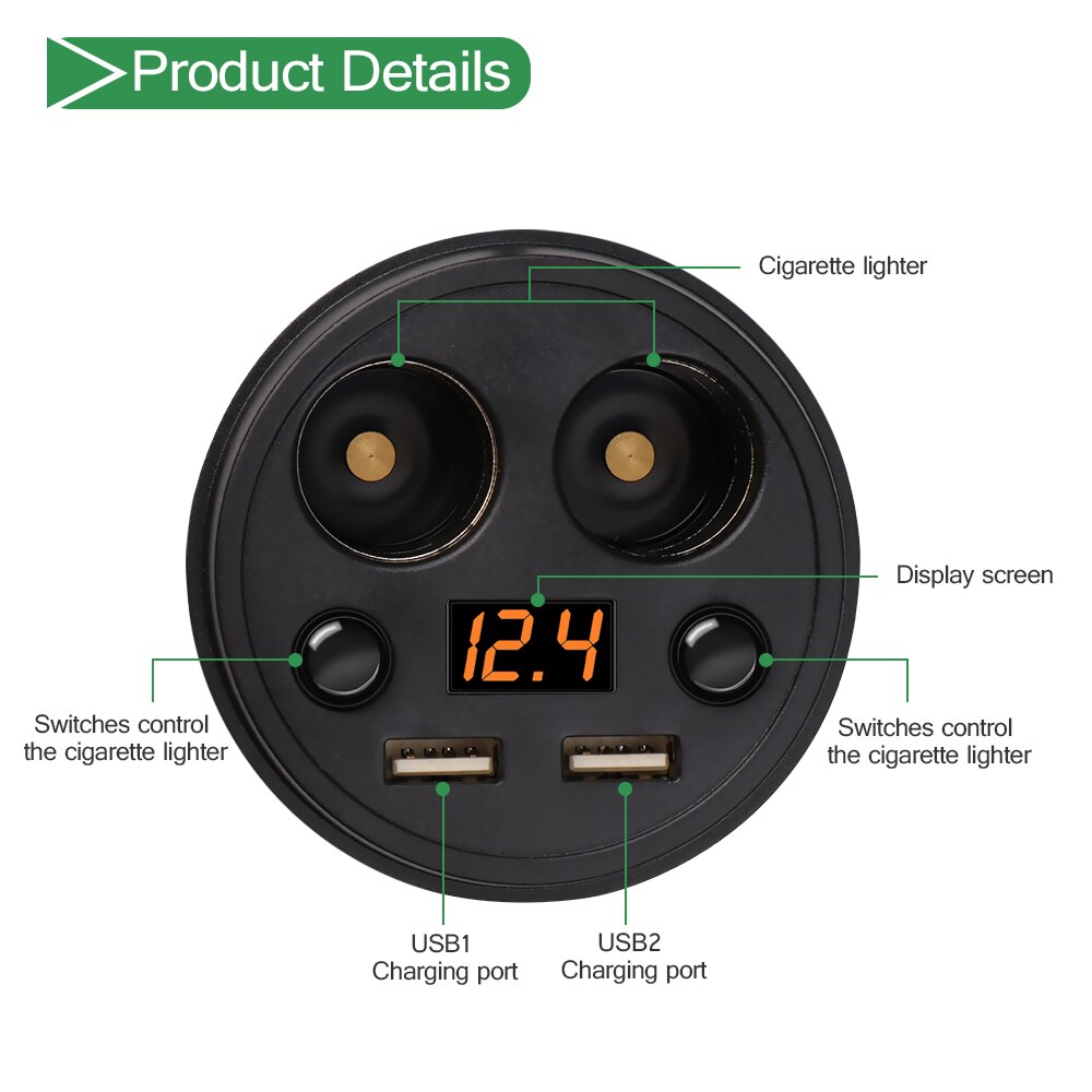 Powstro 3.1A Dual USB Car Charger Adapter Met 2 Sigarettenaansteker Auto Bekerhouder Type Ondersteuning Voltmeter Huidige Display