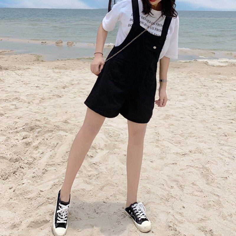 Kvinders plus size denim overalls sort høj talje all-match college stil veninder lomme justerbare overalls