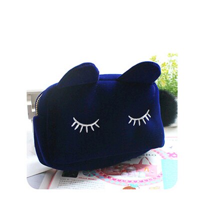 Nekomimi dierenprints canvas draagbare cartoon kat munten opbergdoos reis make-up flanellen etui cosmetische tas: Blauw