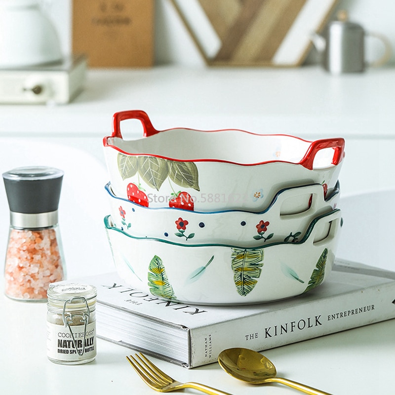 1pc Ceramic Salad Bowl with Double Handle Ramekin Baker Dinner Plate Pasta Tray Dishes Microwave Oven Safe Serving Plate