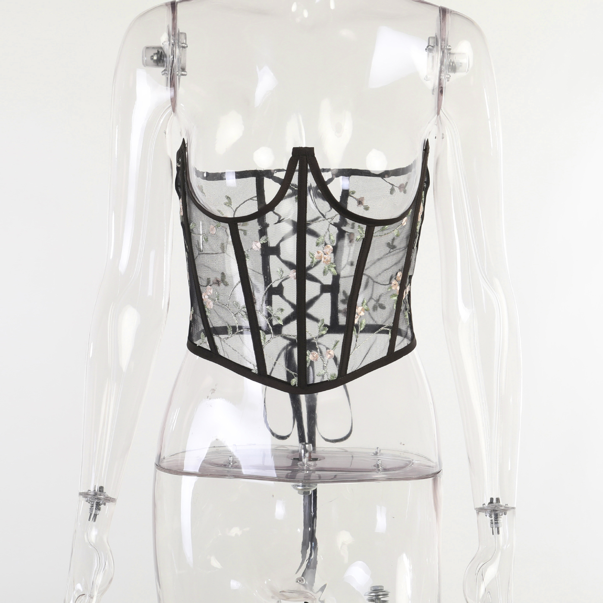 Giyu Vintage Black Mesh Embroidered Lace Up Girdle For Women Slim Bandage Cummerbunds Ladies Party Underbust Corset