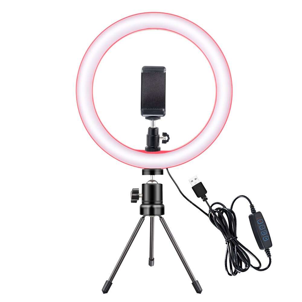 Fotografering led selfie ring ljus 26cm dimbar kamera telefon ring lampa 10 tum med bordsstativ för makeup video live studio: Rosa