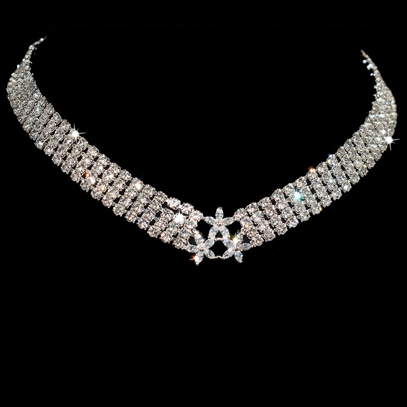 Collar de cadena con circonita para mujer, Gargantilla con flores chapadas en Plata brillante, Gargantilla con diamantes de imitación para boda y