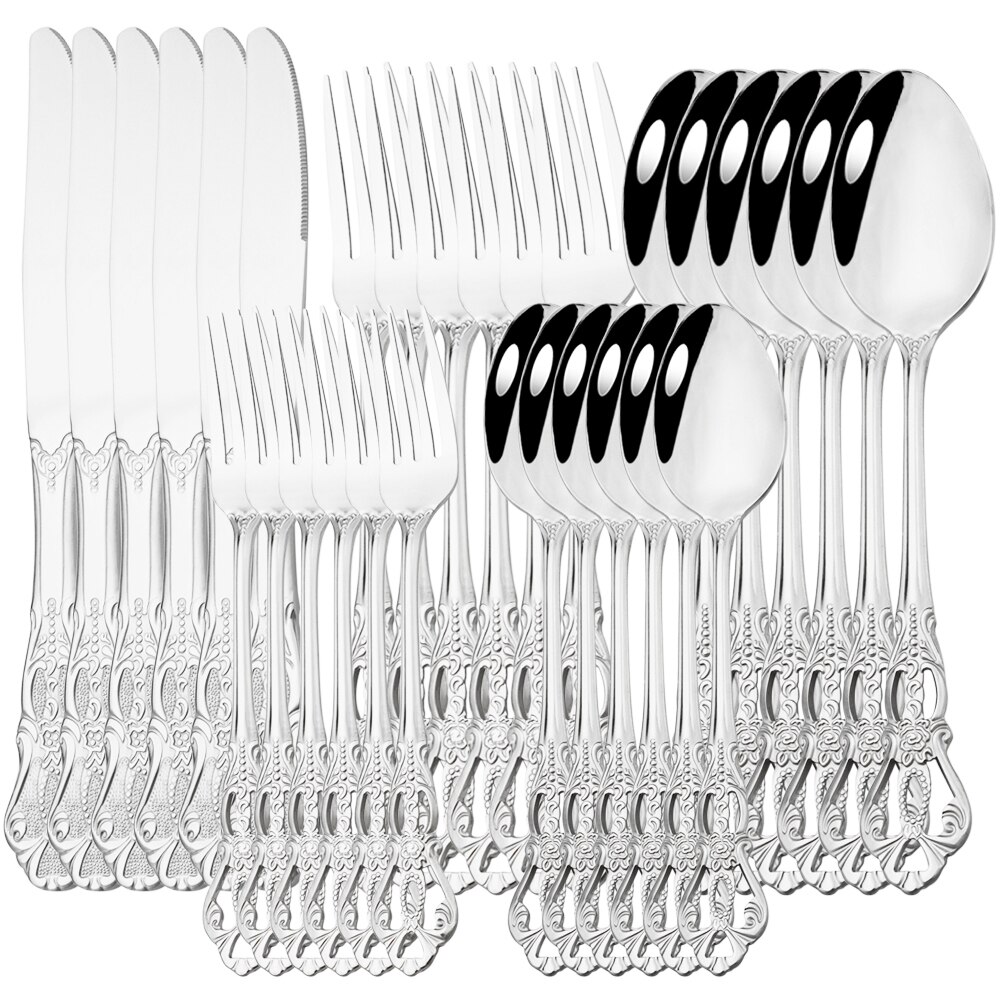 Juego de cubiertos de acero inoxidable, Set de vajilla de arcoíris, cuchillo, tenedor, cuchara occidental, Retro, 6/30 piezas: 30Pcs Silver