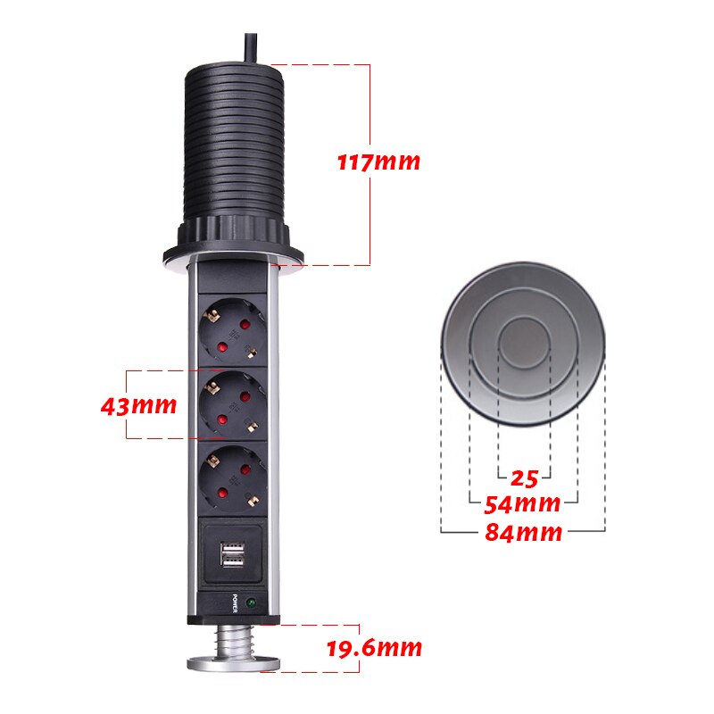 EU Plug 3/4/5/6 Desktop Hidden Socket Pull-out Lift Socket Electrical Socket Accessories 2 charge USB Aluminum Shelf