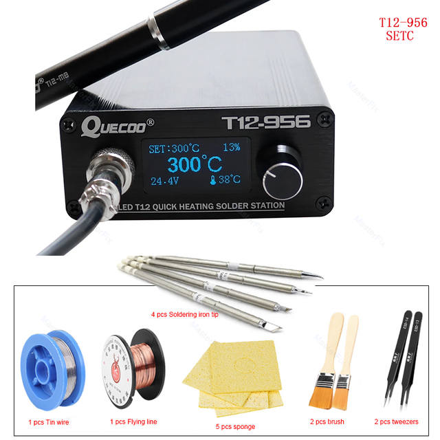 Quecoo T12-956 stazione digitale di saldatura Oled con manico in metallo nero M8 e punte per saldatore T12 spina ue predefinita