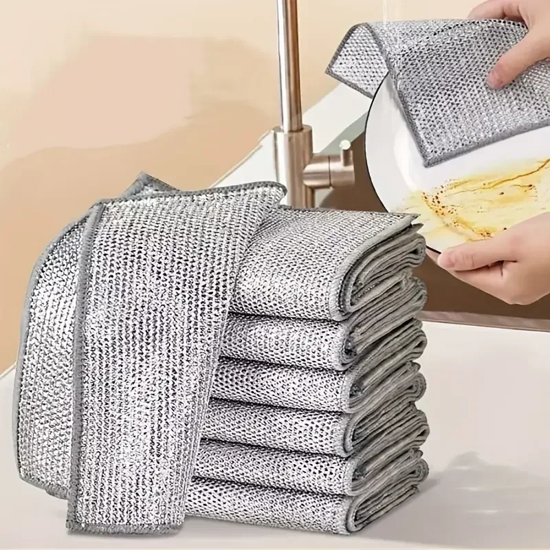 Paños de limpieza de alambre de acero, doble capa, Metal mágico, cables plateados, trapos, paño de cocina para el hogar, paño de lavado, toallas, Herramientas de limpieza