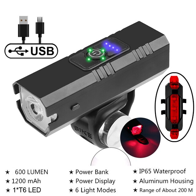 NEWBOLER-faro delantero para bicicleta de montaña, linterna de 1200 lúmenes, batería externa de 5200mAh, recargable vía USB, resistente al agua IPX5: NB-LIG507B