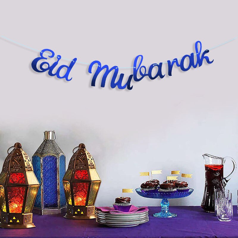 EID Mubarak Banner Glitter Mirror Ramadan Kareem Decoration Garlands Bunting Banner Gold Royal Blue Ramadan Decor For Home