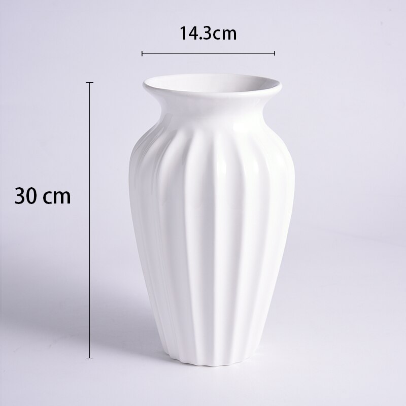 European-style Simple White Striped Vase Ornaments Ceramic Flower Arrangement Water Vase Living Room Decoration Accessories: White-L