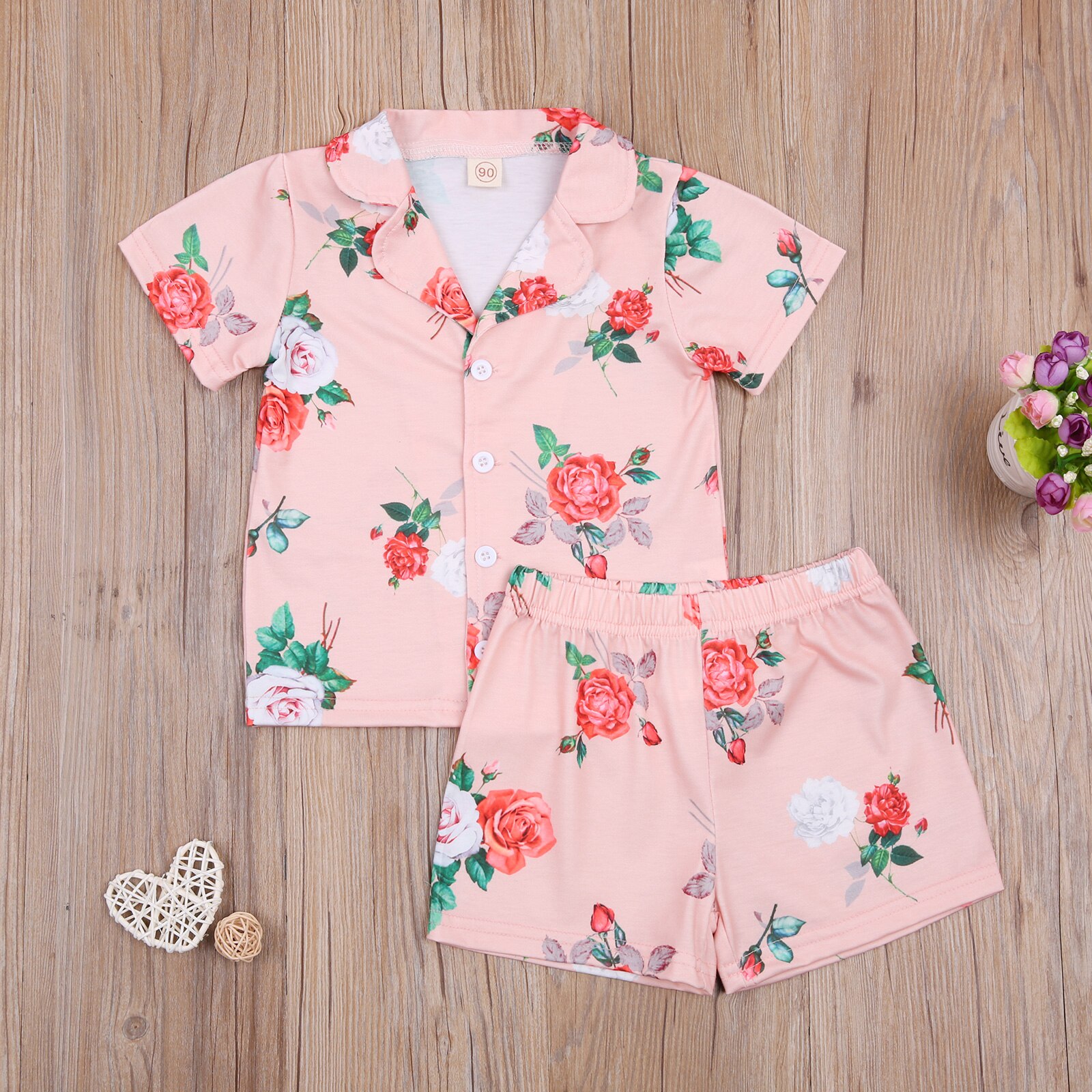 Children's Cartoon Print Pajamas Set Lapel Short Sleeve Casual Button T-shirt Cute Loose Shorts Set