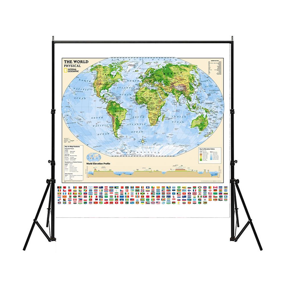 150 x 150cm verdenskart høydeprofil med nøkkel til kartfunksjoner og høydefarger ikke-vevd sammenleggbart verdenskart med flagg