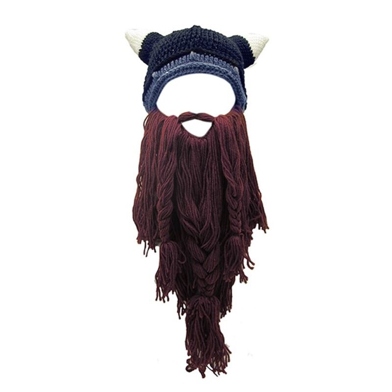 Voksen skør sjov halloween cosplay strikket viking skæg horn hat skimaske barbar vagabond vintage beanie cap vinter varmere: C