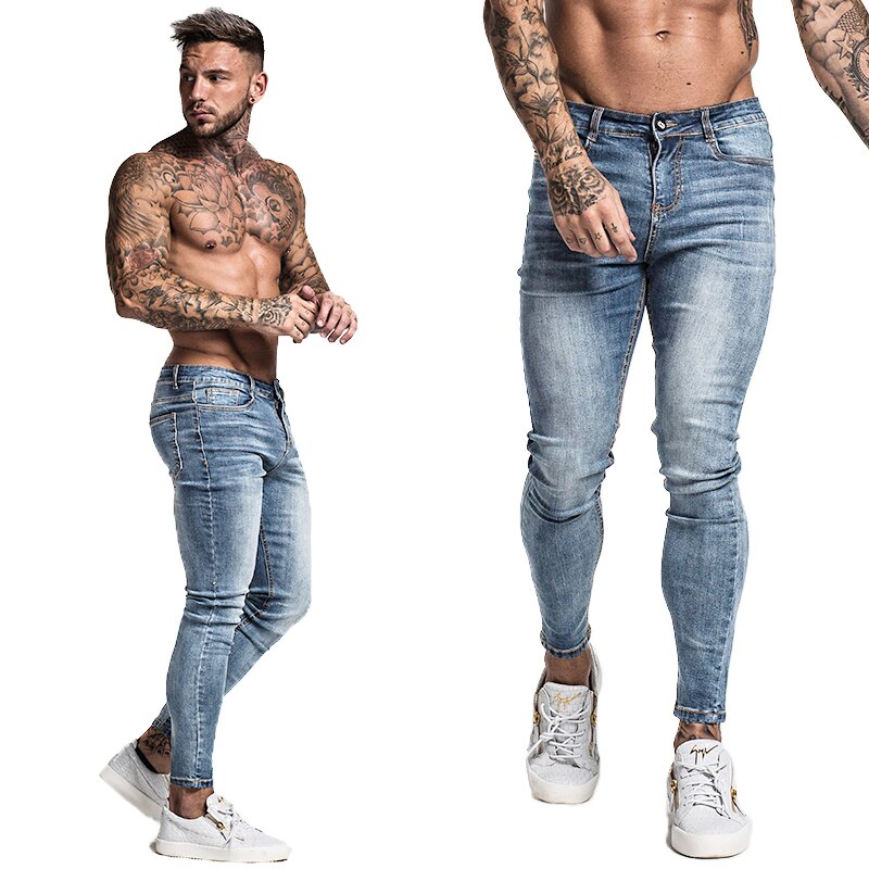 GINGTTO Jeans Men Elastic Waist Skinny Jeans Men Stretch Ripped Pants Streetwear Mens Denim Jeans Blue: faded blue zm46 / 36
