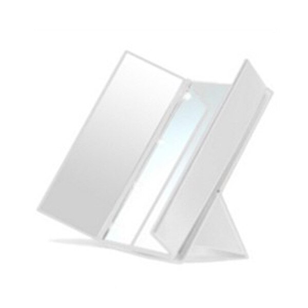 LED Cosmetic Mirror with Light Desktop Small Mirror Clear Portable Tri Fold Makeup Espejo Button Battery Bathroom Miroir: WHITE