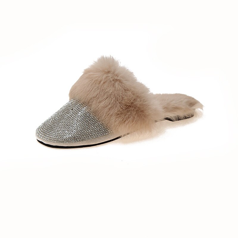 Ronde Neus Haar Schoenen Vrouwen Luxe Strass Bont Crystal Slippers Diamant Muilezels Anti Op Half Slippers Flats Schoenen: beige / 5