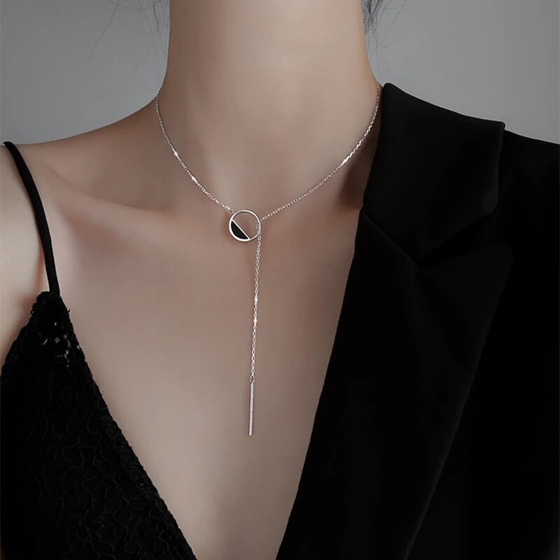 ANENJERY 925 Sterling Silver Black Round Necklace for Women Tassel Sweater Chain Fine Handmade Jewelry S-N304