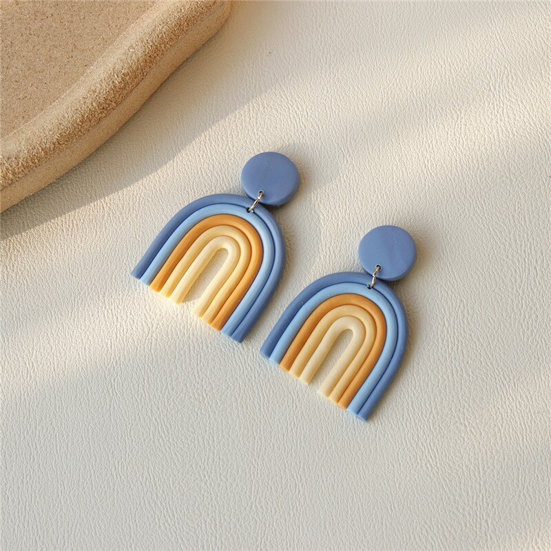 AOMU Ethnic Boho Gradient Ceramic Clay Rainbow Color Arched Colorful Line Handmade Long Dangle Earrings for Women Jewelry: 9