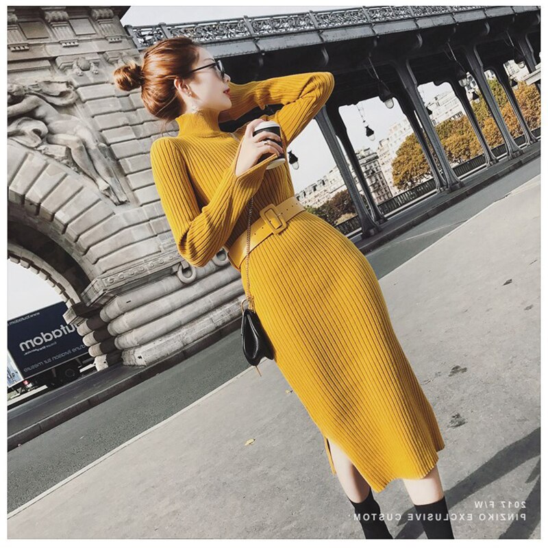 Semfri Jurk Vrouwen Lange Trui Jurk Winter Lantaarn Mouw Bodycon Vestidos O-hals Taille Riem Gebreide Jurken: A-yellow / S