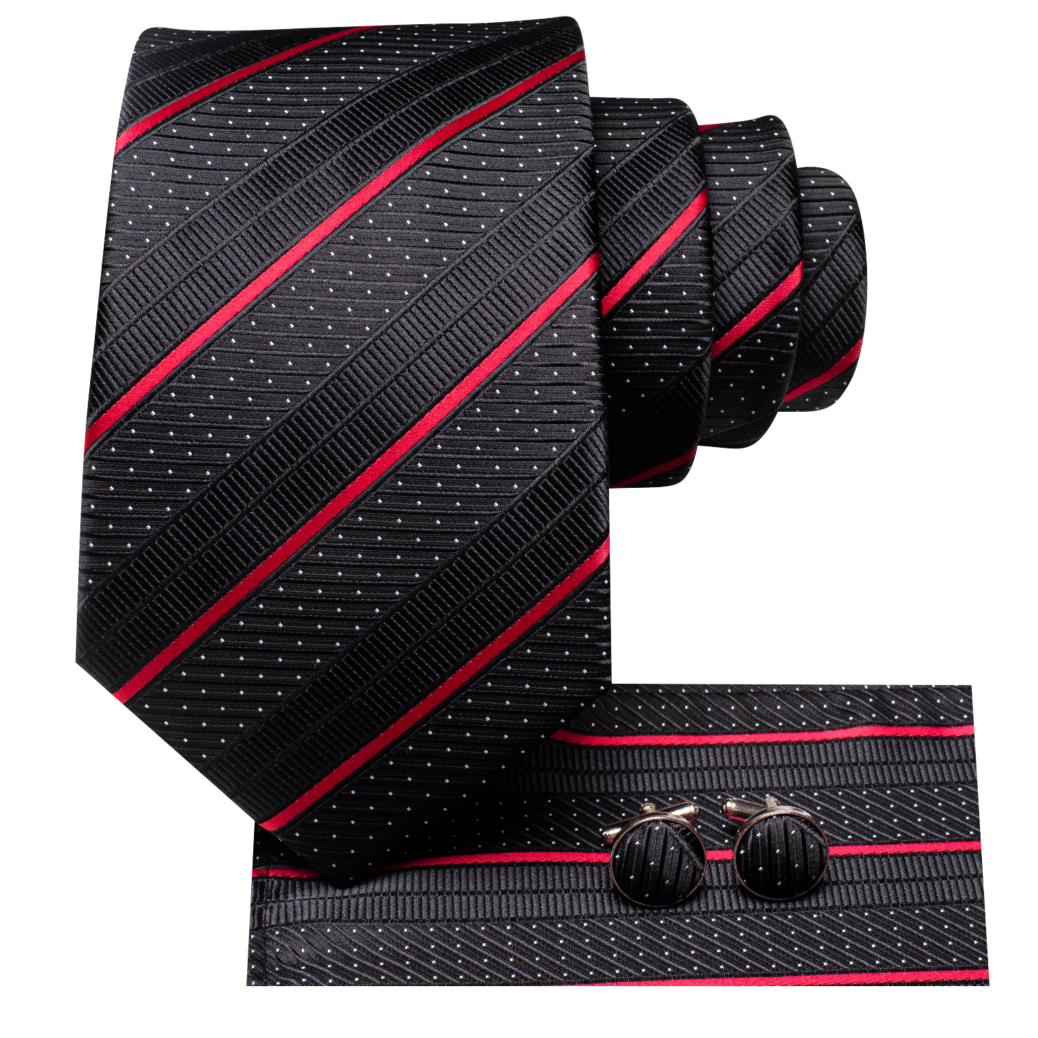 Hi-Tie Black Red Striped Silk Wedding Tie For Men Handky Cufflink Men Necktie Set Business Party