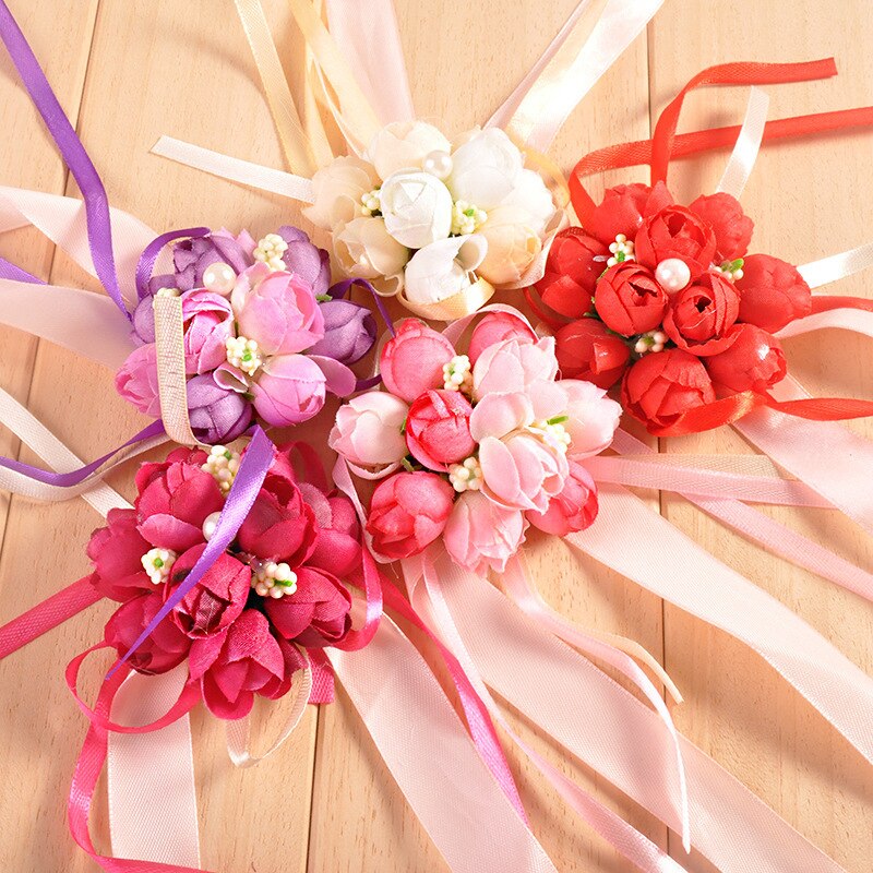 1pc Wrist Flower Rose Silk Ribbon Bride Corsage Hand Decorative Wristband Bracelet Bridesmaid Curtain Band Clip Bouquet