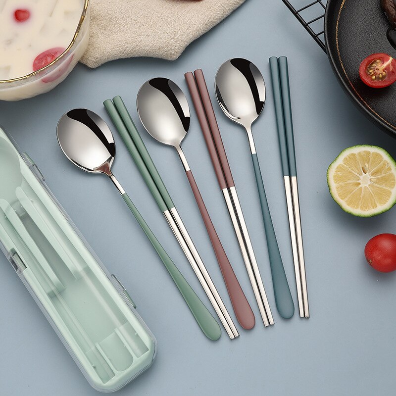 Portable Travel Cutlery Set With Case Stainless Steel Spoon Fork Chopsticks Tableware