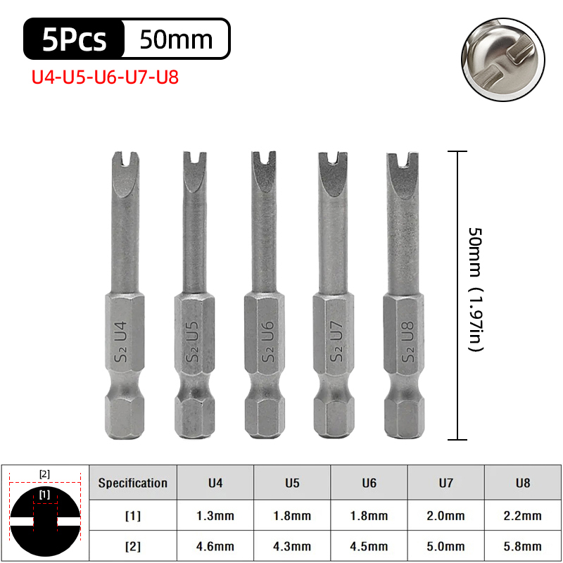 Magnetisk u-formad skruvmejselbitssats 1/4 " insex  s2 stål 50mm u4 u5 u6 u7 u8 u- typ skruvmejselbits spärrnyckel handverktyg: Röd