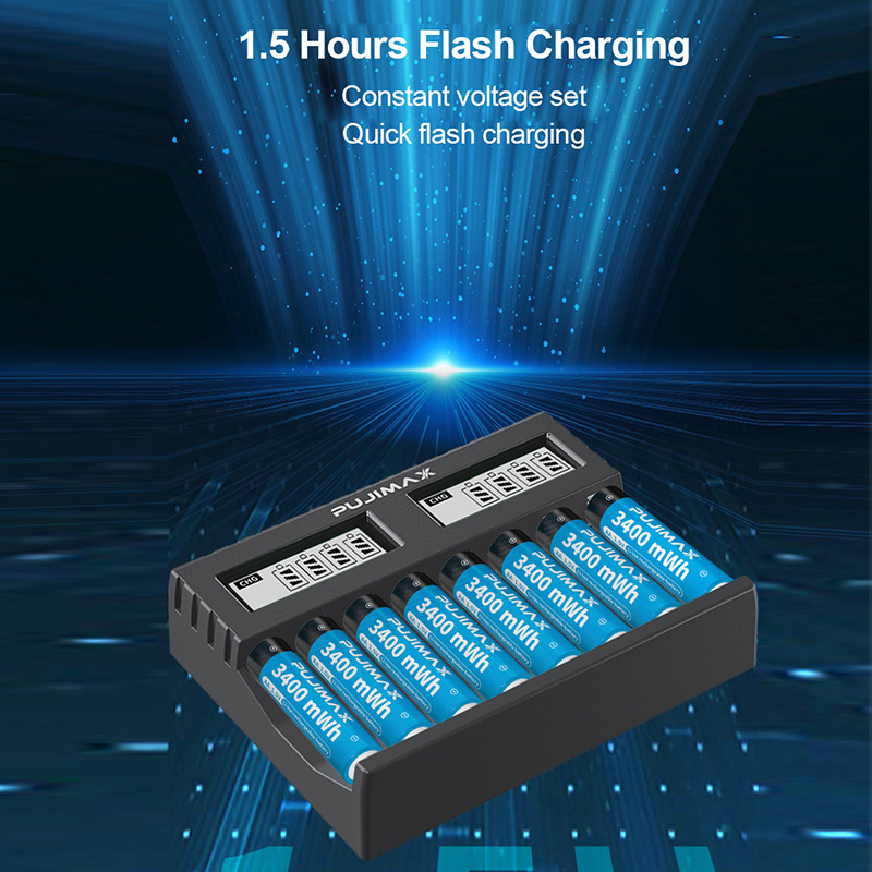 PUJIMAX 1.5V Rechargeable Lithium Battery 3400mWh Large Capacity Li-ion Battery With 8-slot 1.5V Li-ion Battery Charger