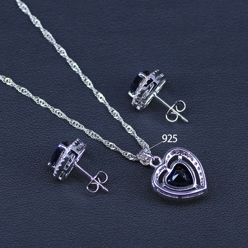 Russische eenvoudige stijl hart blauwe kristal witte zirkoon zilverkleurige sieraden sets voor dames ring ketting hanger oorbellen