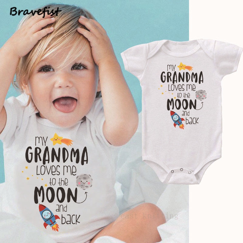 Unisex Kids Bodysuits 0-24Months Infant Outfits Grandma Loves Me To The Moon And Back Letters Print Summer Children Jumpsuits