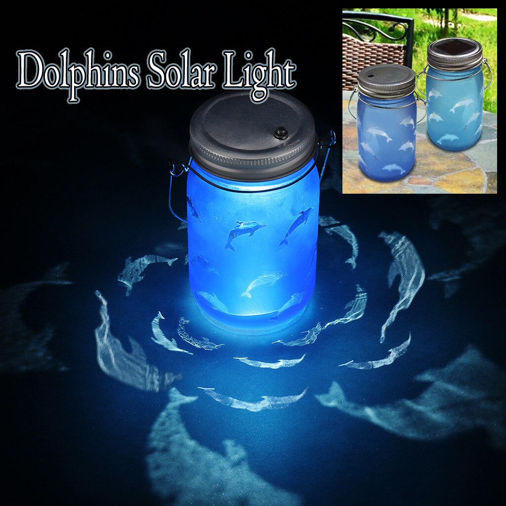 Hand Etched Dolphins Solar Mason Jar Light Bottle Projection Nightlight Patio