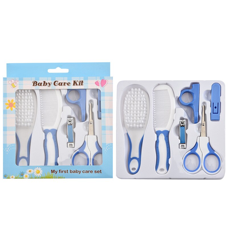6 stk / sæt baby negleplejedragt spædbarn hårbørster kit abs negletrimmer saks værktøj hårbørste kam babypleje dagligt plejesæt: Blå