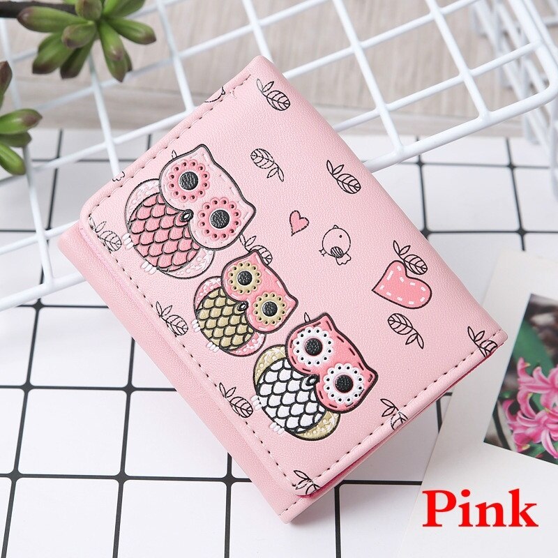 Women Cute Mini Wallet Owl Pattern Coin Purse Students PU Leather Card Bag womens wallets and purses: Pink