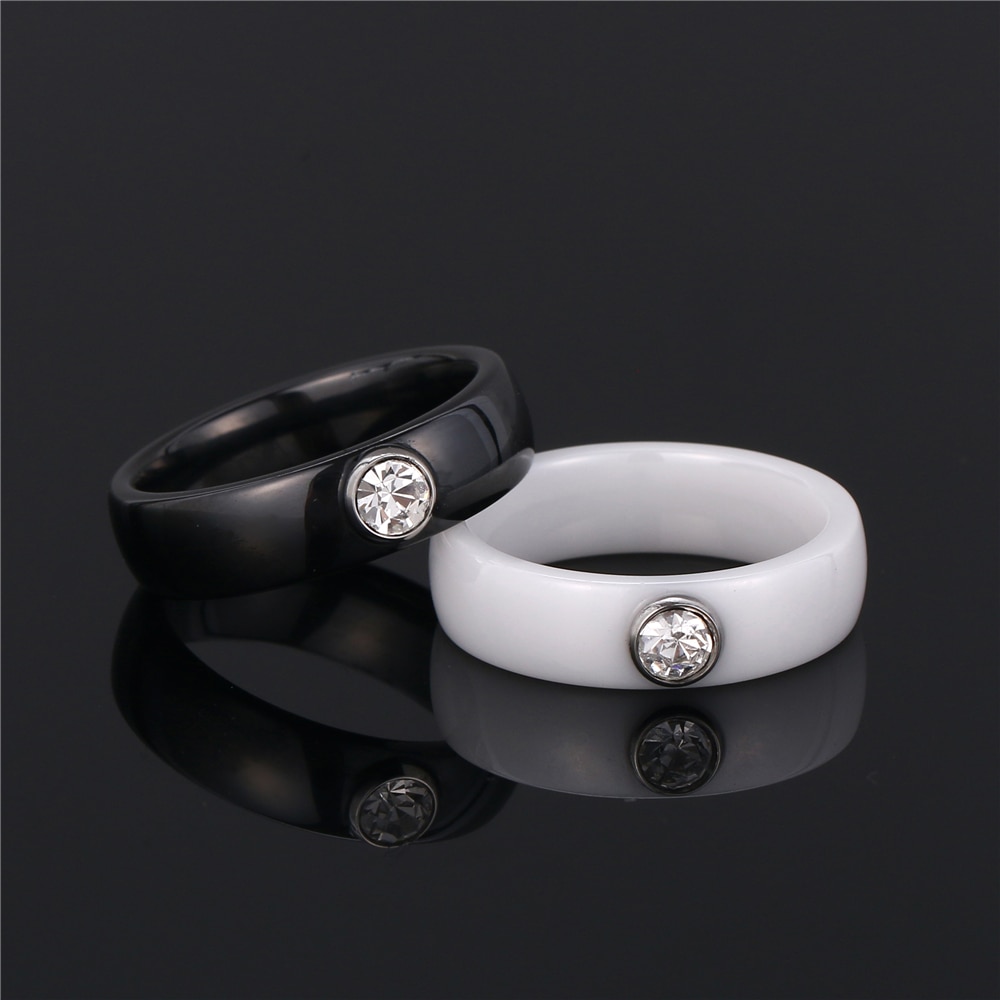 Black&White Ceramic Rings For Women 6mm Round Wide Smooth Female Rings Big Crystal Cubic Zircon Wedding Engagement Rings